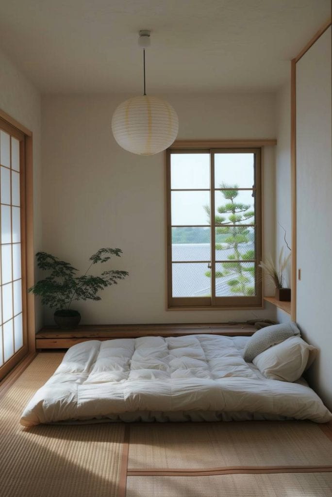 Tatami mats lays the foundation in this minimalist bedroom, supplemented by a futon bed and embodies traditional Japanese minimalist aesthetics.