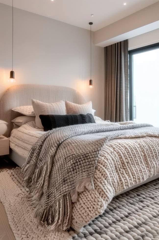 This elegant minimalist bedroom has grayscale with a softness made of a plush dwelling ceiling and an inviting texture from a chunky knitting pillow. 