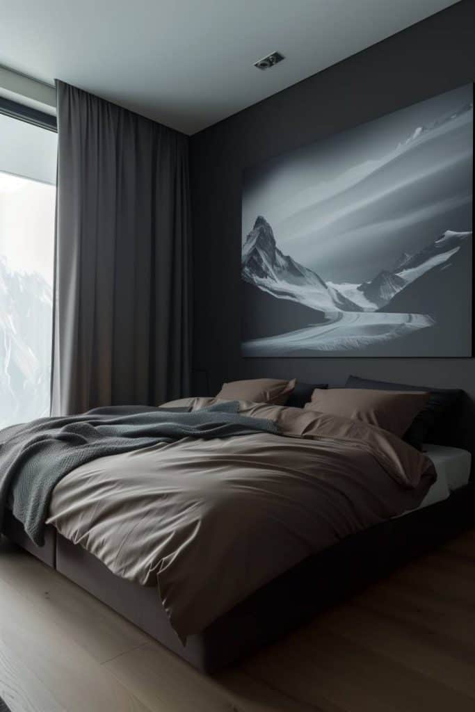 An oversized canvas painting, which is minimalist in its execution, attracts attention and sets the calm tone in this tastefully understated bedroom. 