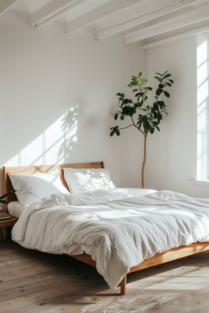 Clear lines define this Scandinavian -inspired minimalist bedroom with a low -profiling platform bed that is dressed in crispy white bed linen.