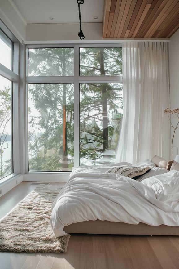 Soil until on site flood this minimalist bedroom with natural light and highlights the simplicity of the unfoot, clean space.