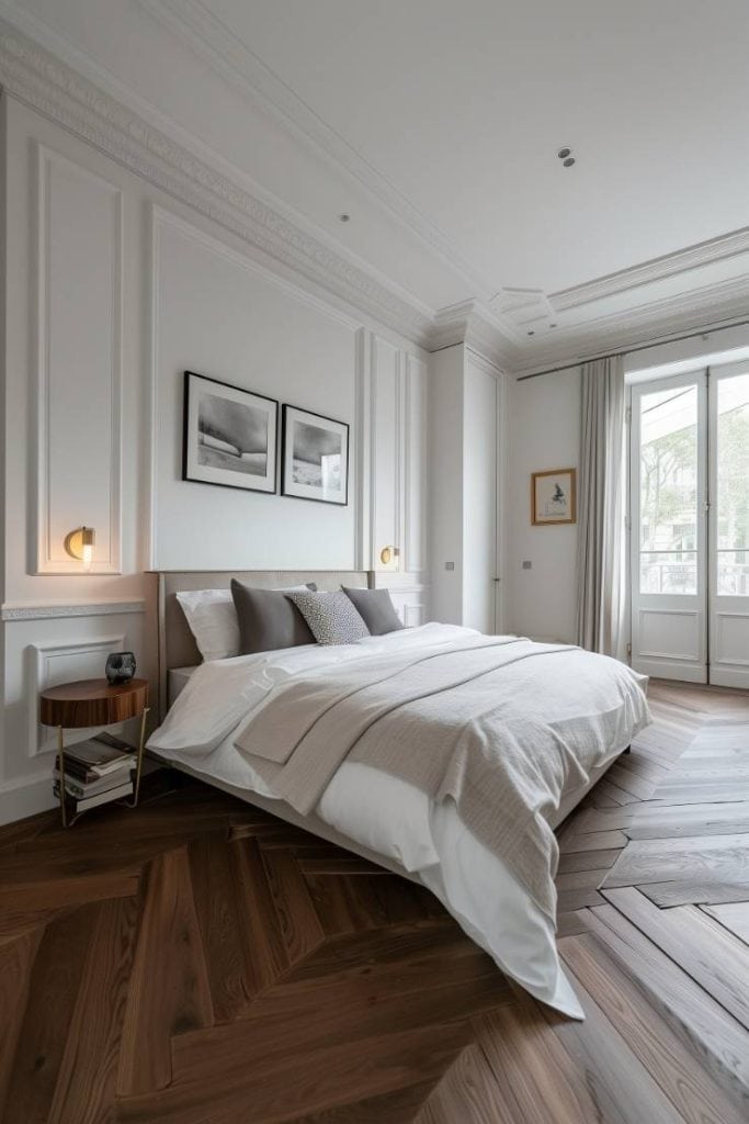 The subtle geometric wall shape gives this minimalist bedroom a touch of depth and interest without overwhelming the senses.