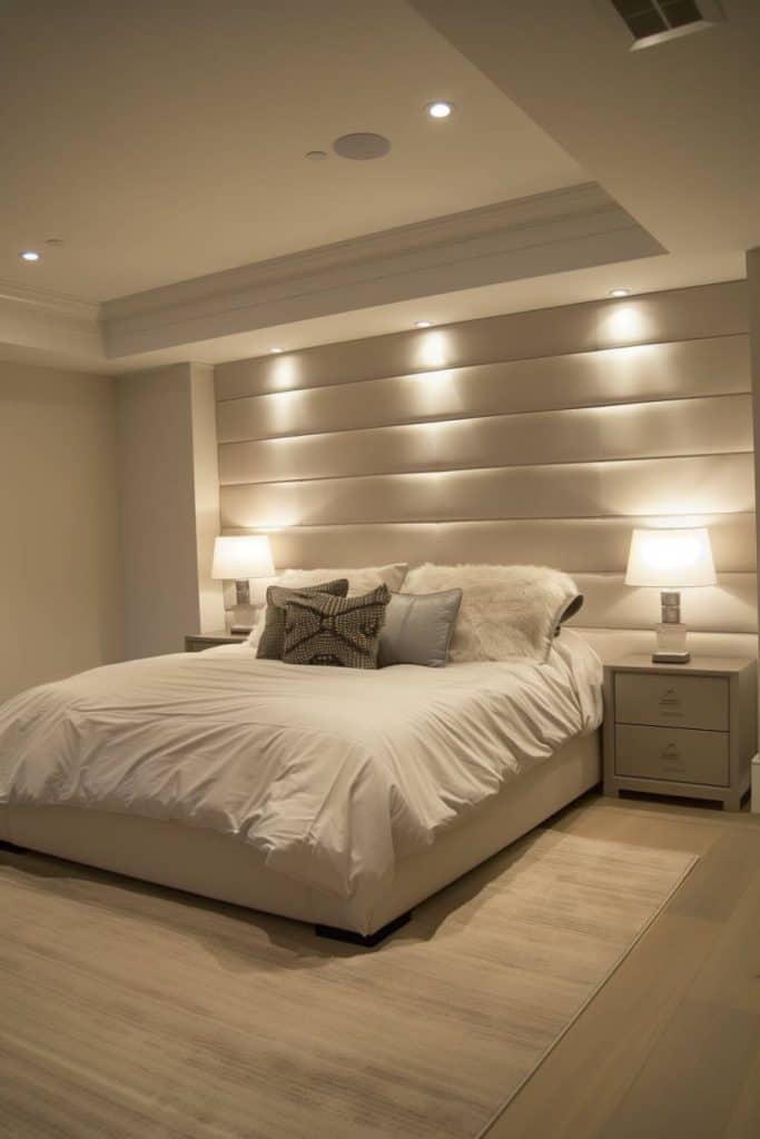 Depending on the mood, the soft glow made of built -in lighting with dimmer controls offers an adjustable ambience and complements the minimalist mood of this bedroom.