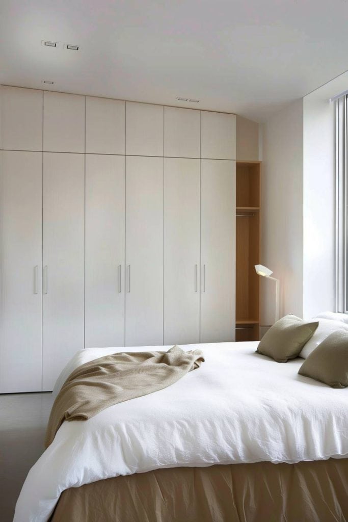 A functional, custom wardrobe mixes seamlessly into the walls and promises an immoral-free, coherent, minimalist bedroom design.