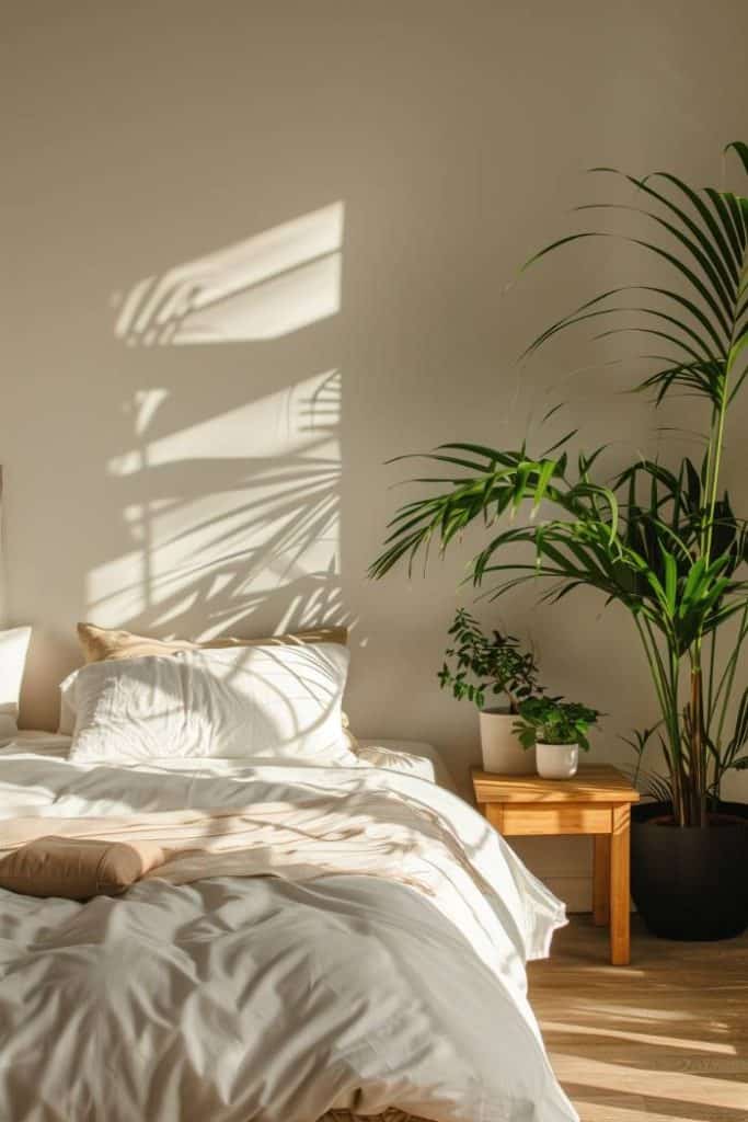 Lush, green potted plants bring a touch of freshness to this crispy minimalist bedroom and underline the room with beautiful life and color.