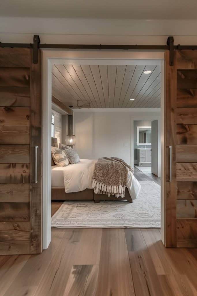 Sliding doors open to a modern rustic look within a minimalist bedroom and connect contemporary, clear lines with country chic in a simple but effective way.