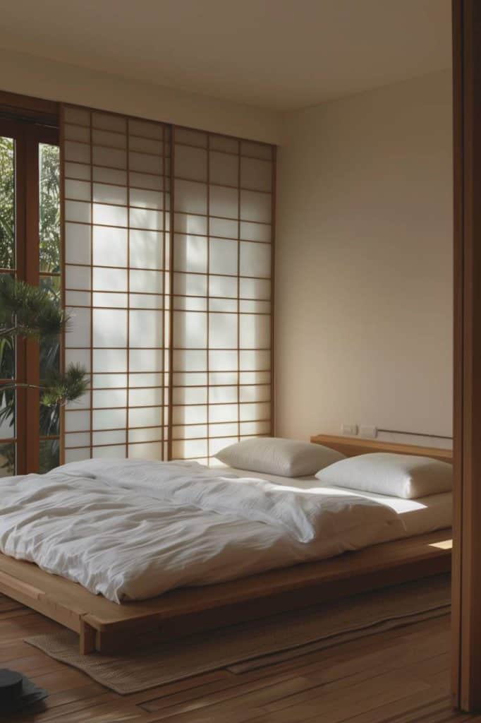 Japanese Shoji screens offer an element of privacy and elegance in a minimalist bedroom.