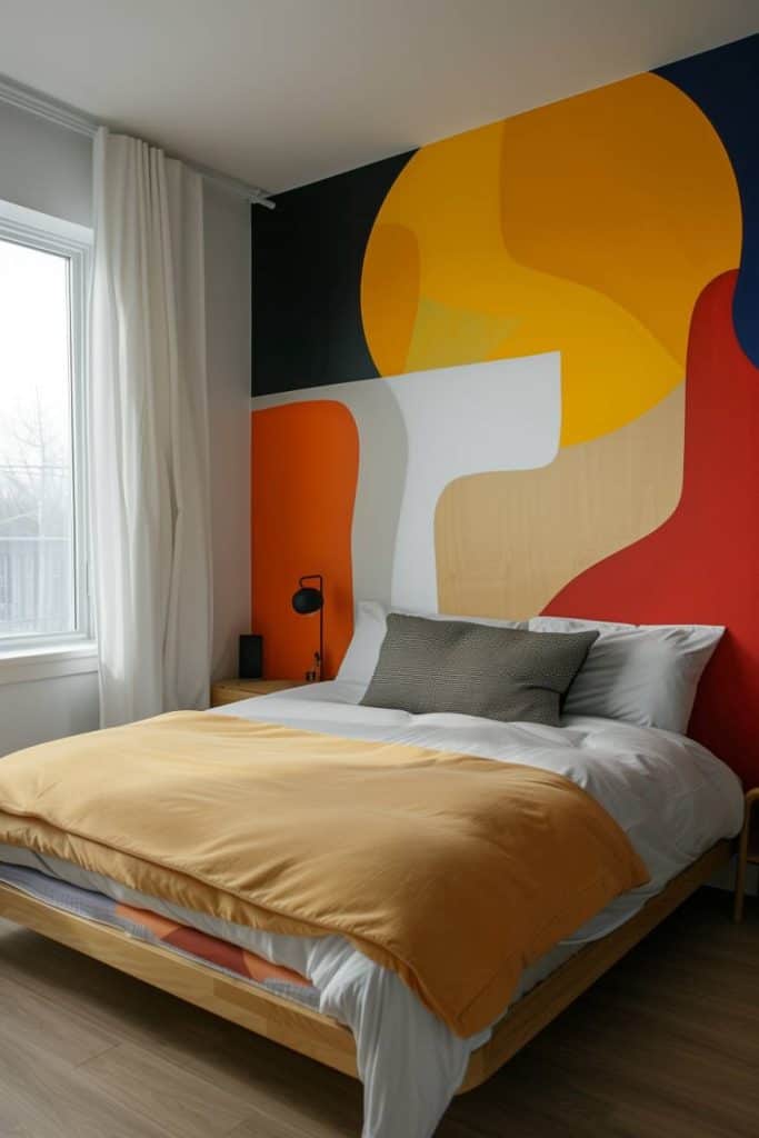 Fat and bright abstract wall paintings make a contemporary statement and give the minimalist bedroom without the disorder of traditional accessories.