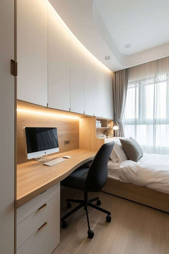 The desk area maintains a minimalist ethos with efficient, hidden cable management and ensures a clean work area that matches the simple but beautiful decor of the bedroom.