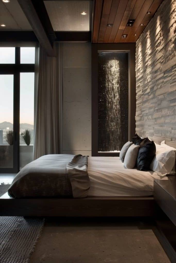 A quiet water feature gives the minimalist bedroom movement and serenity and merge the soothing water noise with the calm of the room.