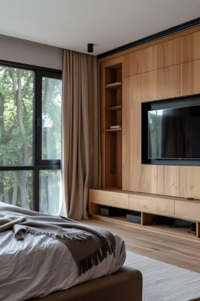 The integrated media console merges the technology with decor and ensures that the entertainment does not interfere with the seamless aesthetics of the minimalist bedroom.