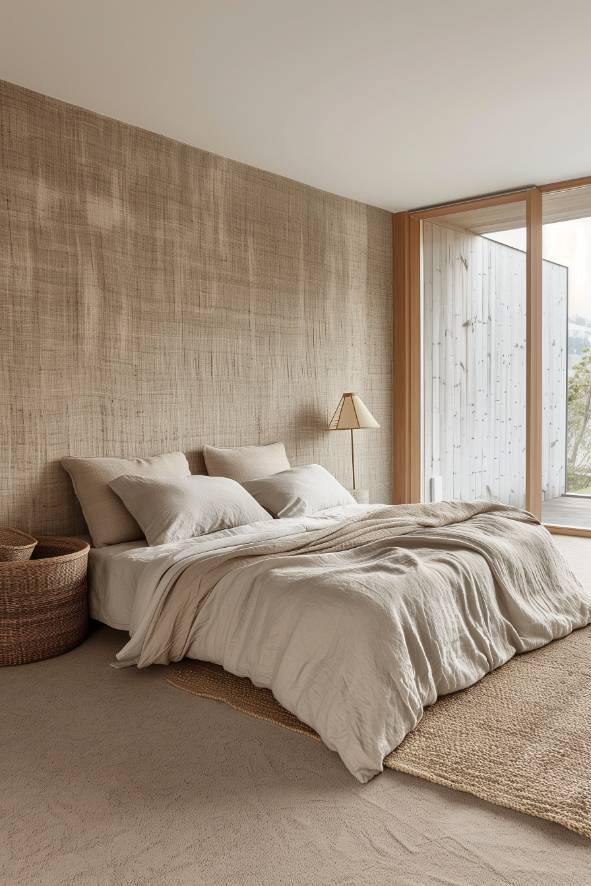 Neutral structured wallpaper disguises the bedroom walls and offer the minimalist setting subtle elegance and a tactile dimension.