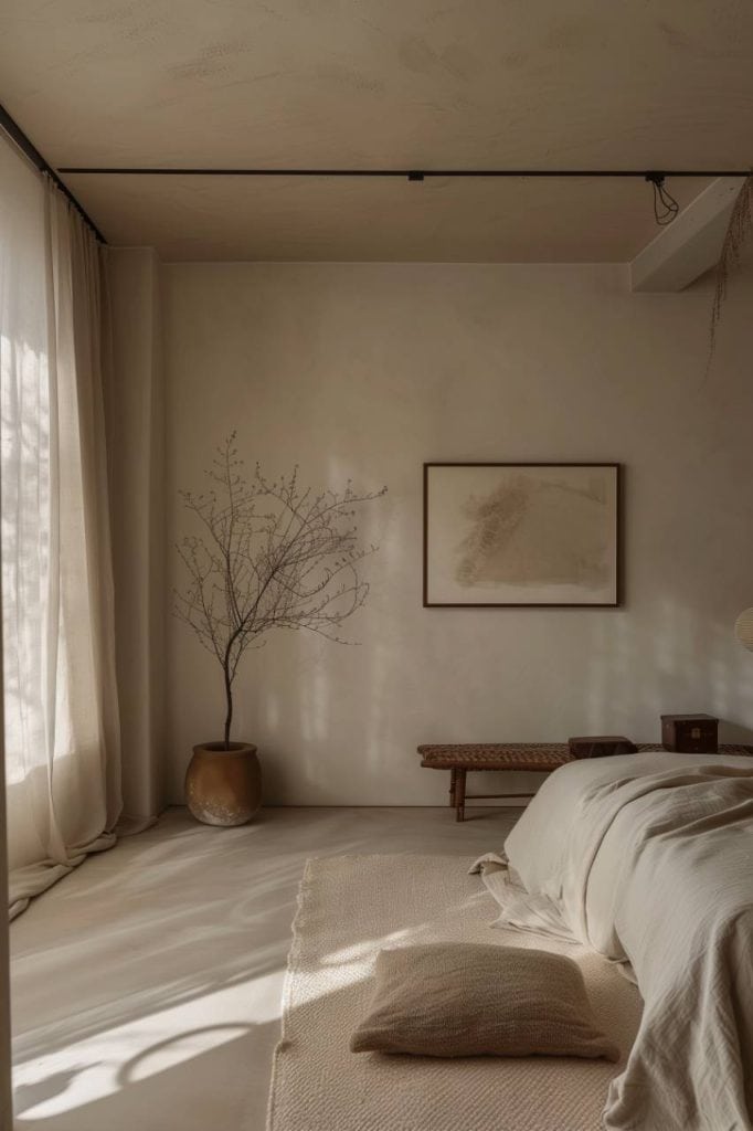 The minimalist bedroom has a mandate art exhibition selected for its simplicity and increases the room with sophisticated artistic details.