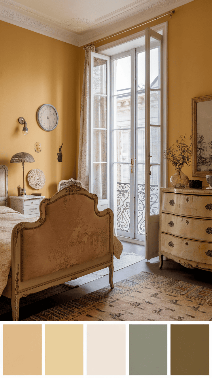 A vintage bedroom with shabby send furniture with a warm color palette