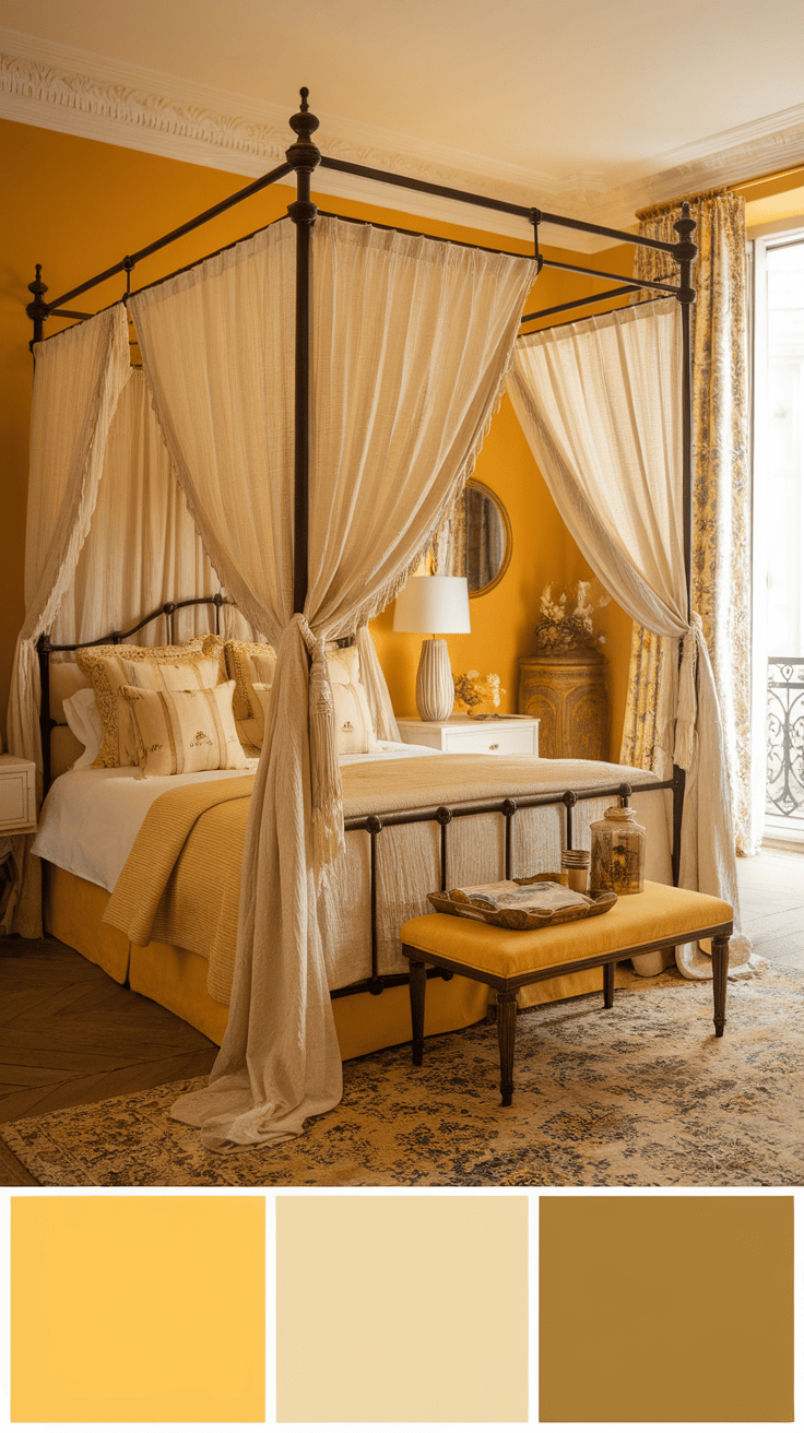 A cozy canopy bed with soft fabrics and warm colors.