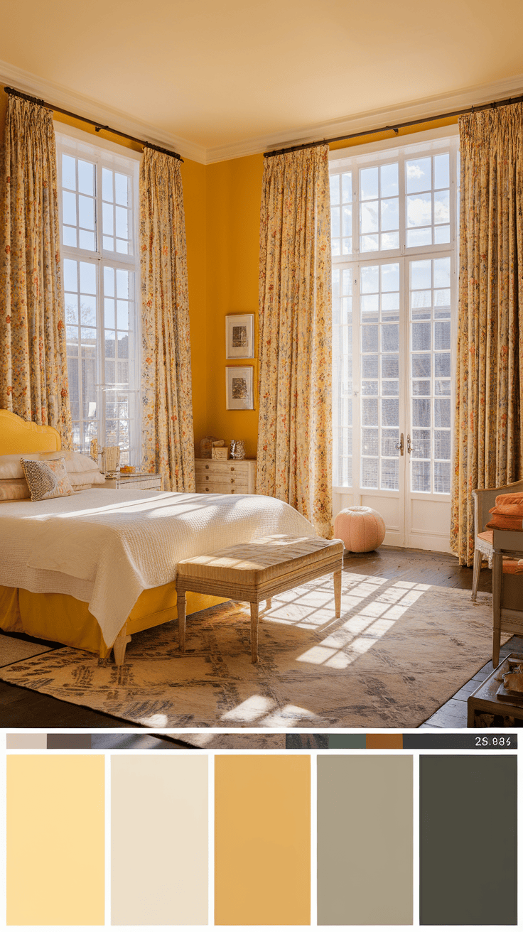 A cozy bedroom with sunlit windows and floral curtains with warm colors and inviting decor.