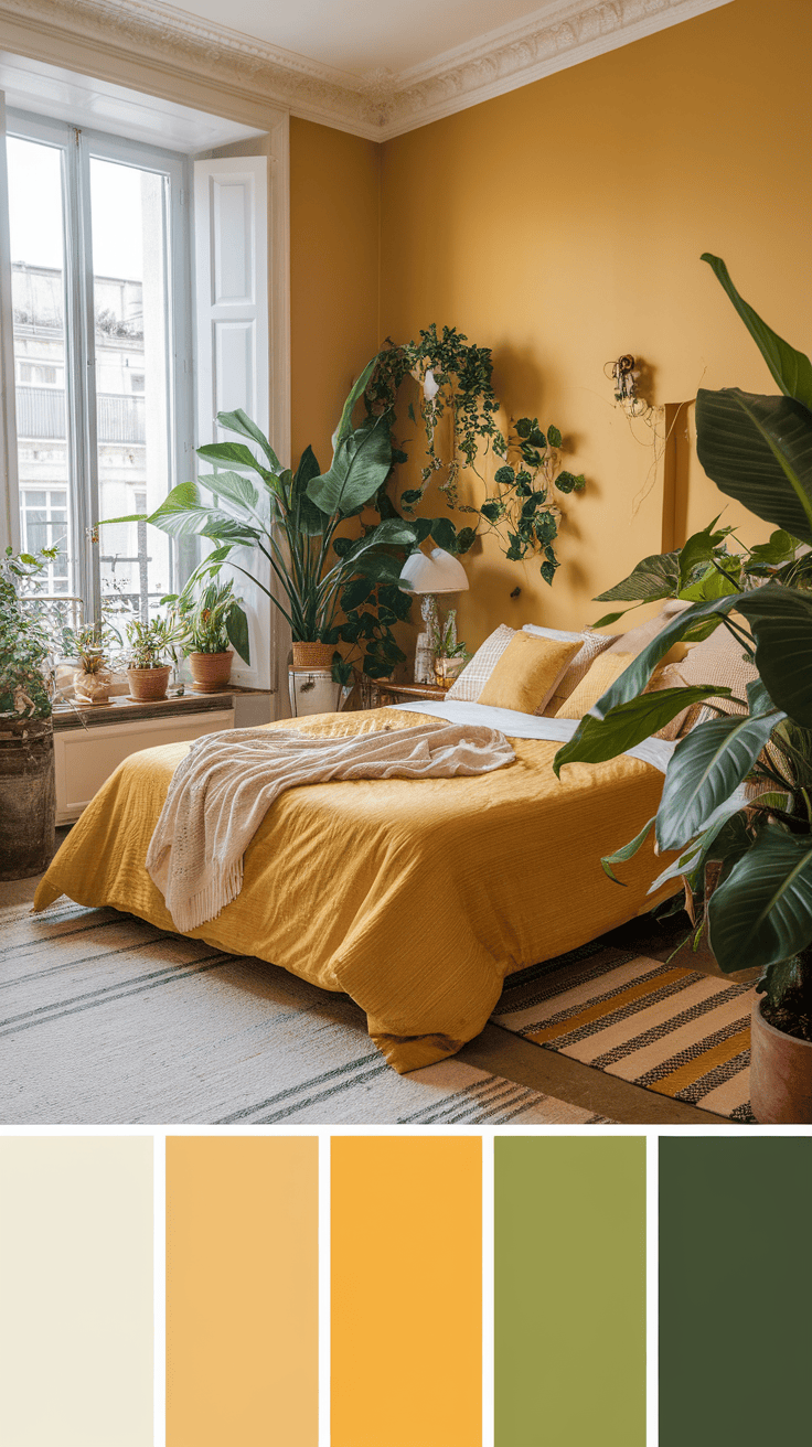 A bright and inviting bedroom with different inner plants, a cozy bed and warm yellow walls.