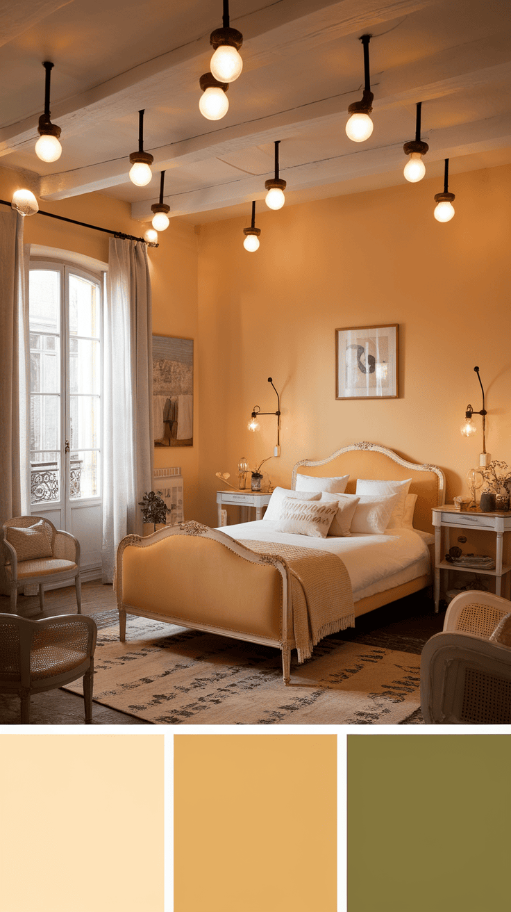 A cozy bedroom with soft lighting and rustic devices with warm colors and an inviting atmosphere.