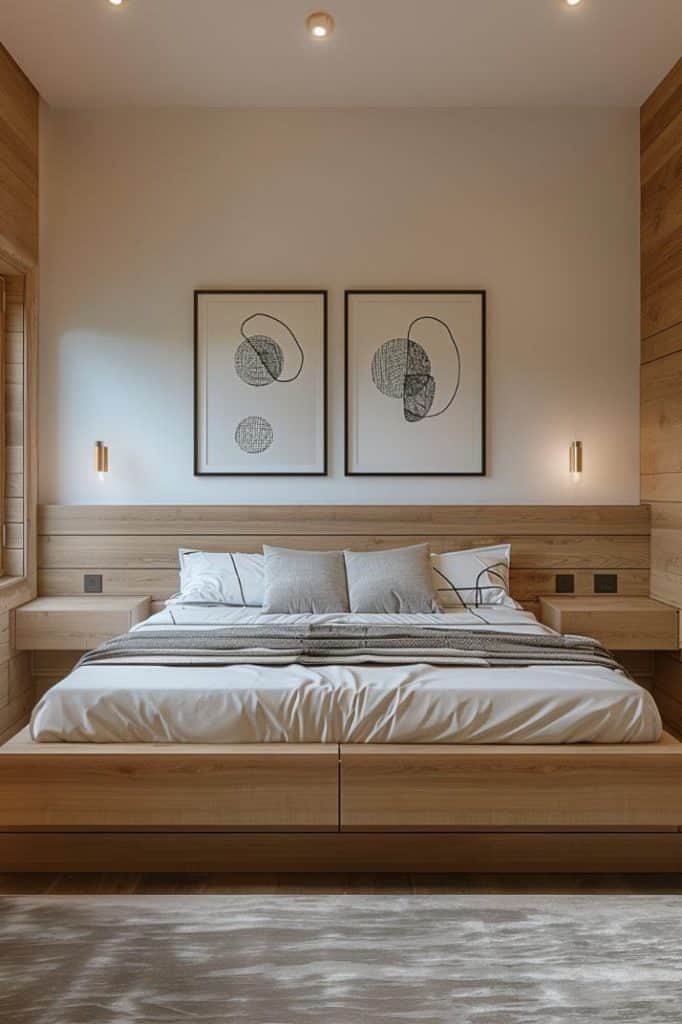 In this room, a slim, low -profile bed matches a floating bedside table and <a href=