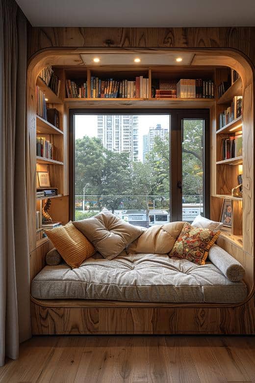 In addition to a sunlit window, a padded bed is a sleeping sanctuary and a reading corner. It is the secret corner of history that defines the small room.