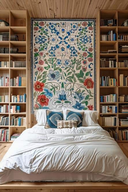 Book lovers will love this petite sanctuary, with wall -exciting shelves that transform a small sleeping area into the port of a bibliophile.