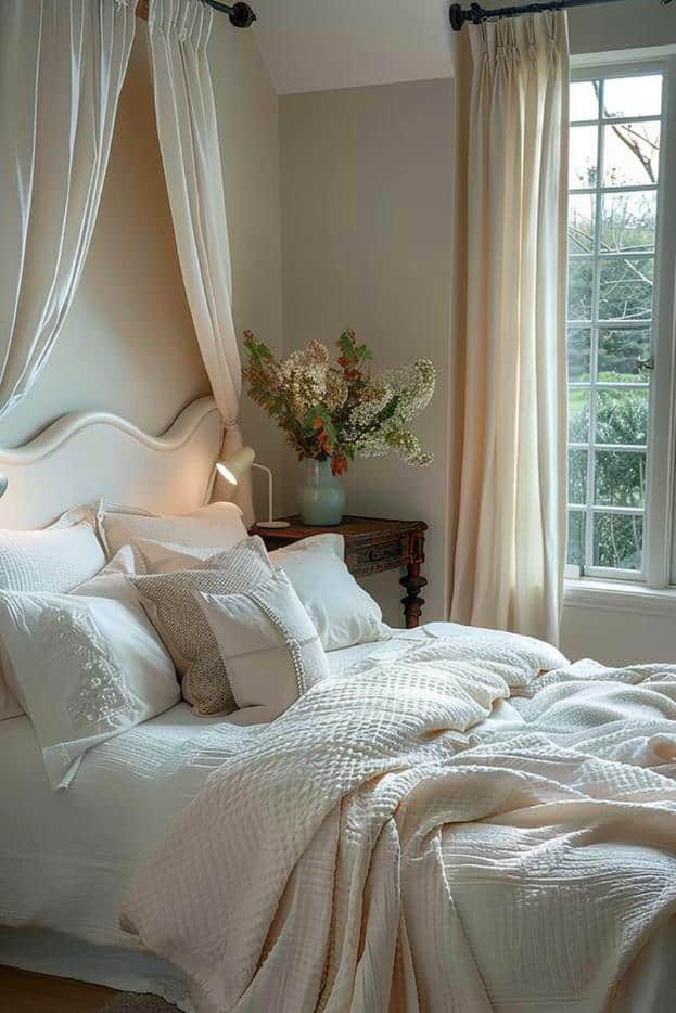 Light fabrics in gentle colors surround a white bed, convey a essential note to a compact boudoir and give the bed a soft and light look.