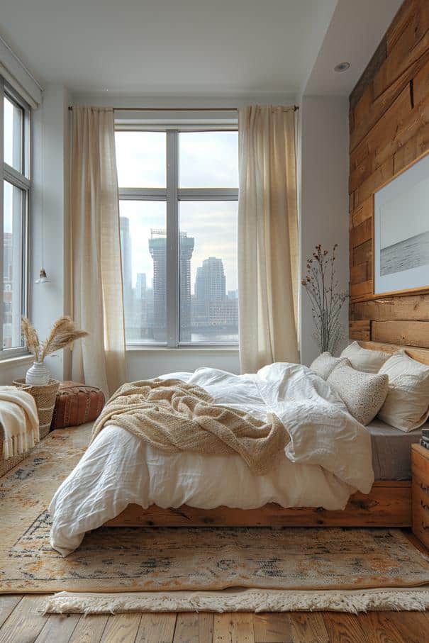 Light, neutral -colored curtains let this delicate bedroom in a golden glow that wonderfully illuminates the small room, a natural daylight and bathes a natural daylight.