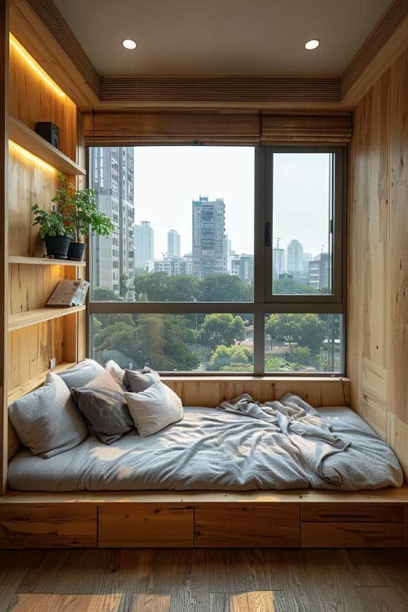 The room has a minimalist design with bamboo material and <a href=