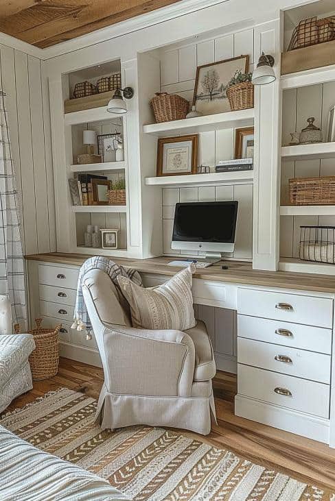 A desk with built -in shelves above can work in a small room. 