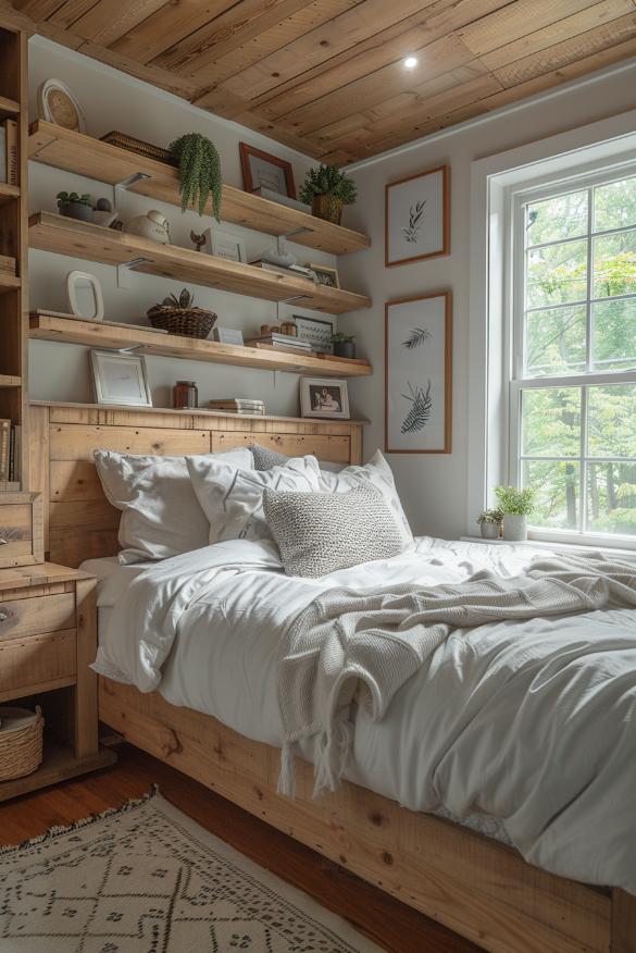 This Murphy Murphy bed serves two purposes in a small bedroom. During the day it is a useful shelf, and at night it is a comfortable retreat for sleep. 