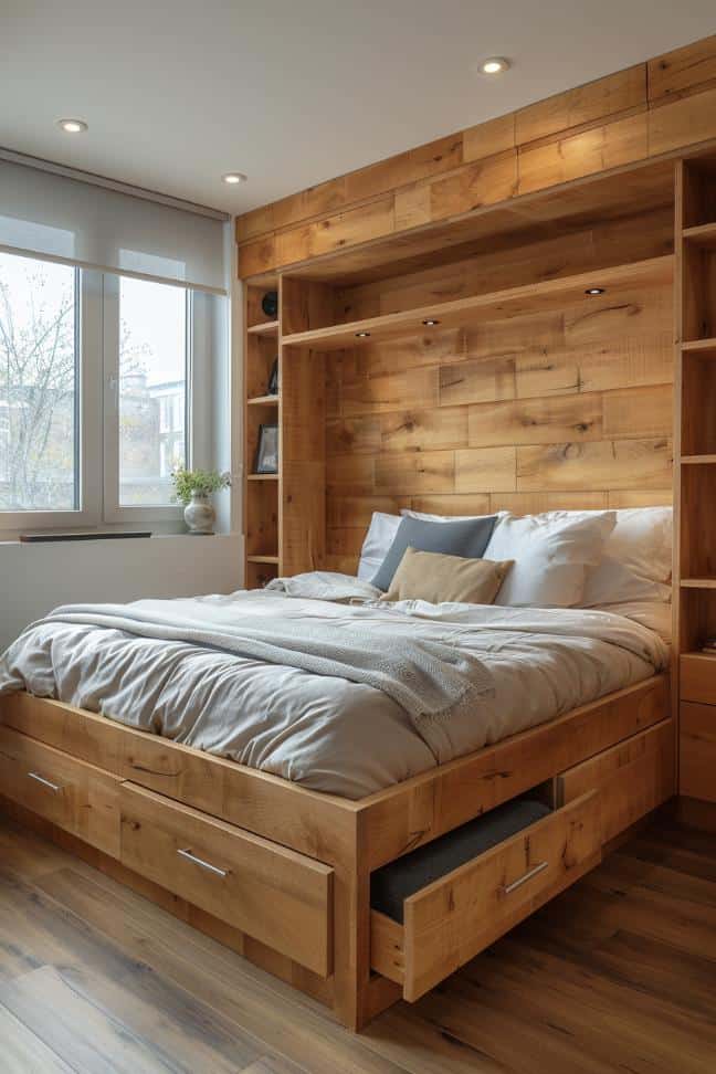 Clever hidden drawers merge into the bed frame and are waiting to store secrets and little things in this narrow retreat.