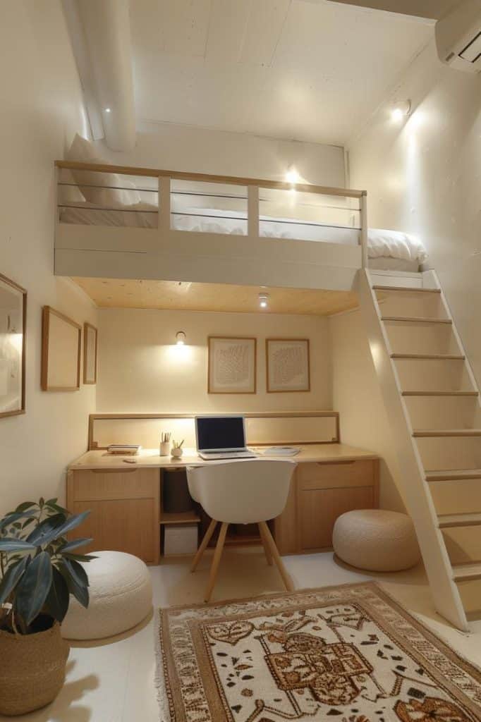 High efforts are met with an attic bed that offers a small room a little more flexibility. Under the bed is a funny work area that combines function and fun in a tiny room.