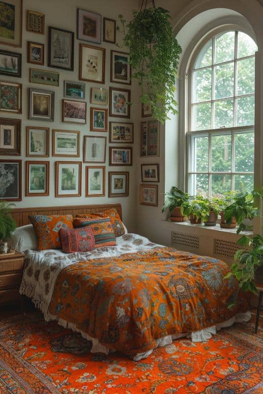 A kaleidoscope with preferred memories adorns a wall in this room and inspires the senses in an otherwise simple bedroom.