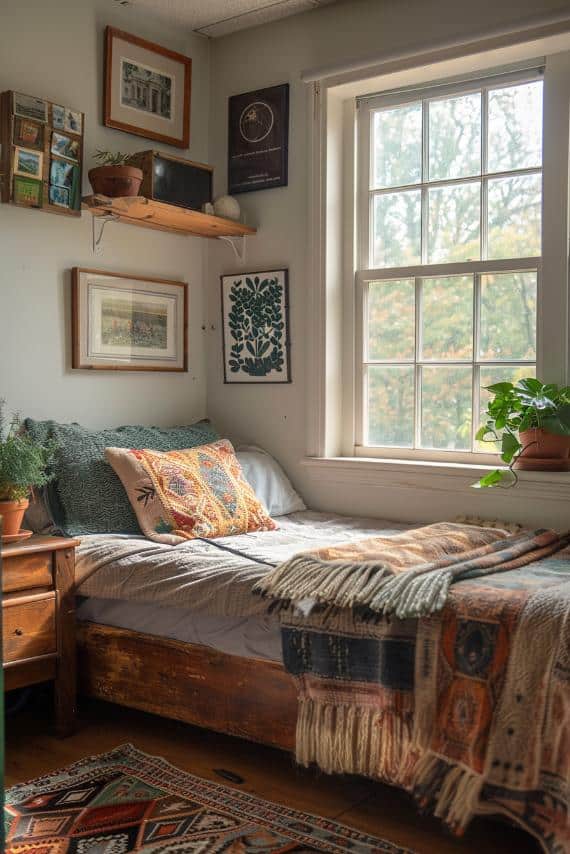 Make your bedroom a fun retreat. This room whispers out with its rustic wooden bed and the earthen tones of forest capades, which creates an ideal little <a href=