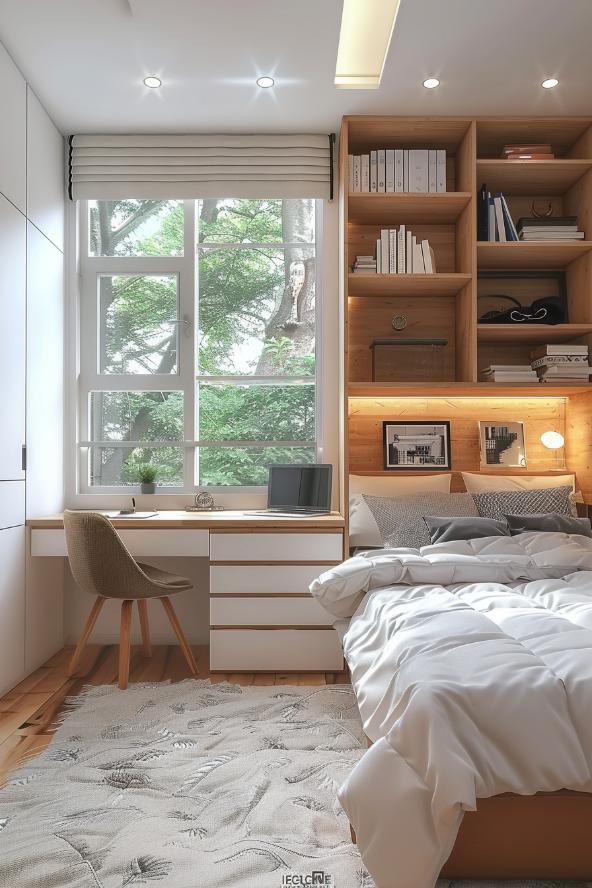 This bedroom combines shape and function with a bed with built -in storage shelves above and a desk to ensure that you have both a work area and a sleeping area without taking up too much real estate.