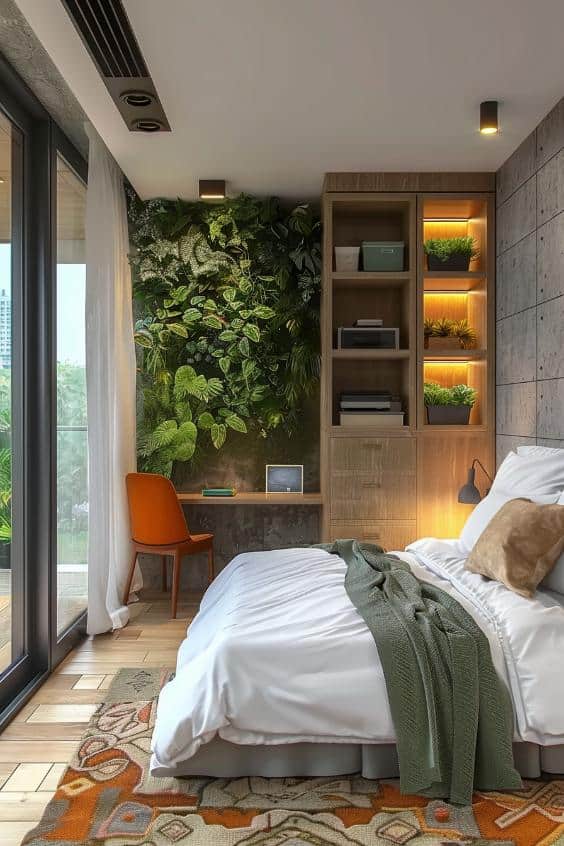 Green thumb and plant lovers bring life with a vertical garden that increases and combines nature with the cosiness of a compact bedroom.