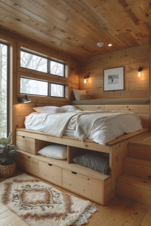 An elevated bed is a pretty bedroom that a treasure underneath, a spatially experienced symphony for a small but stylish bedroom.