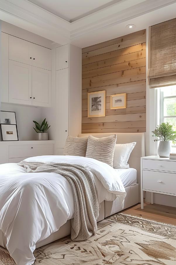 A brave accent wall with wooden panels is aimed at attention and anchor a small bedroom with a definable focus and simple charm.