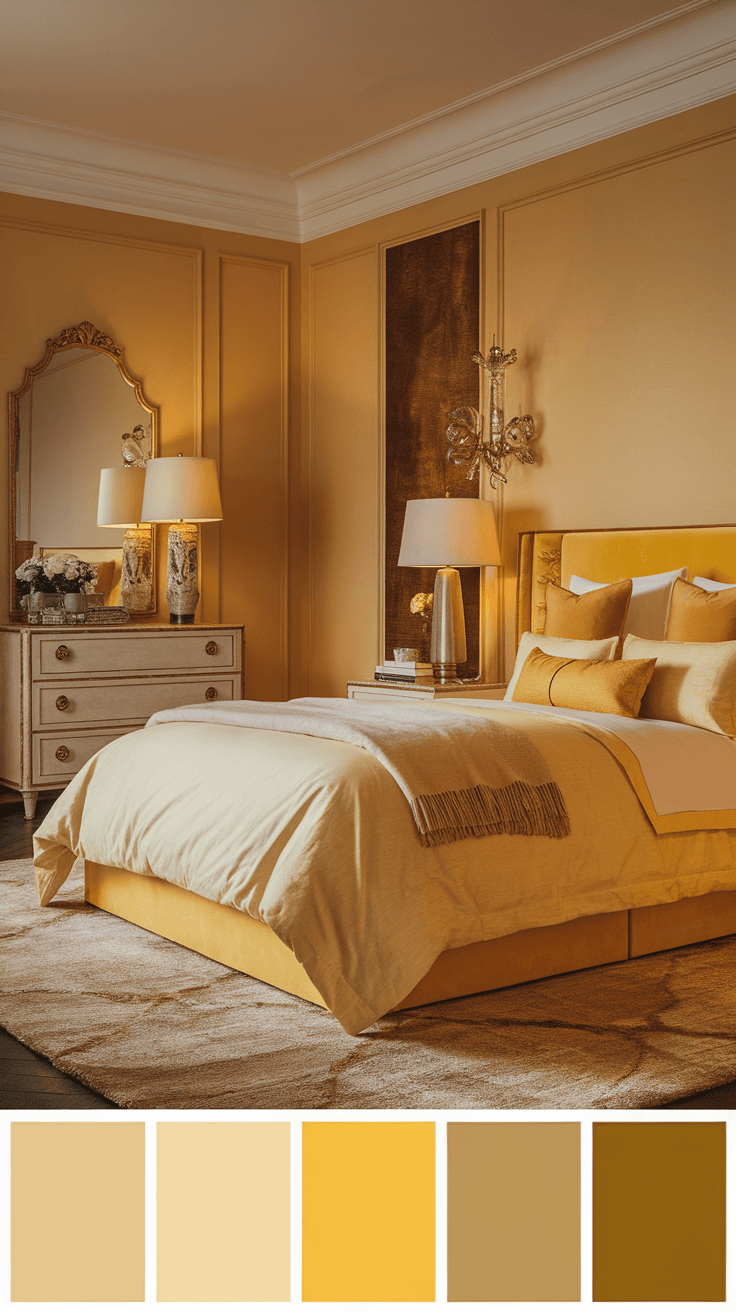 Cozy bedroom with warm yellow accents and a soft carpet