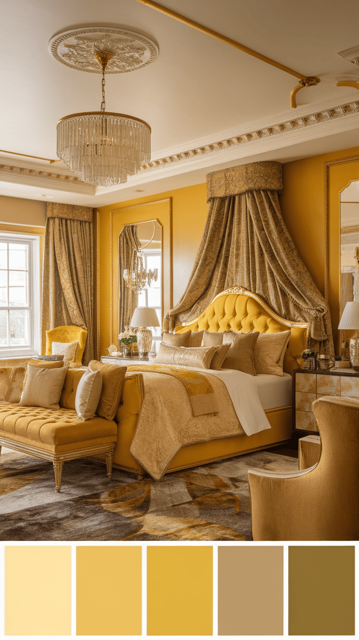 A luxurious bedroom with a golden and yellow color palette with elegant furniture.