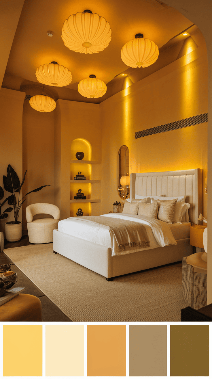 Cozy bedroom with chic yellow lighting bodies hanging on the ceiling.