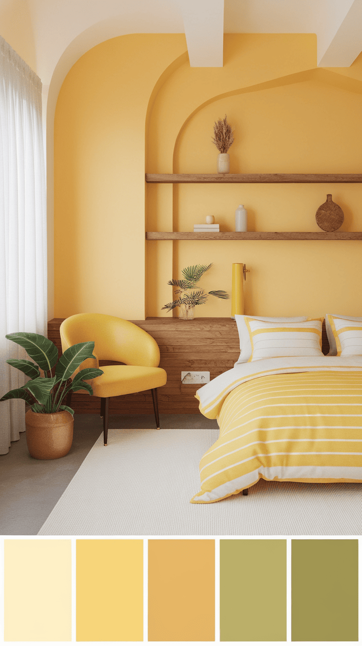 A light bedroom with yellow walls, bed linen and natural elements such as plants and wooden shelves.