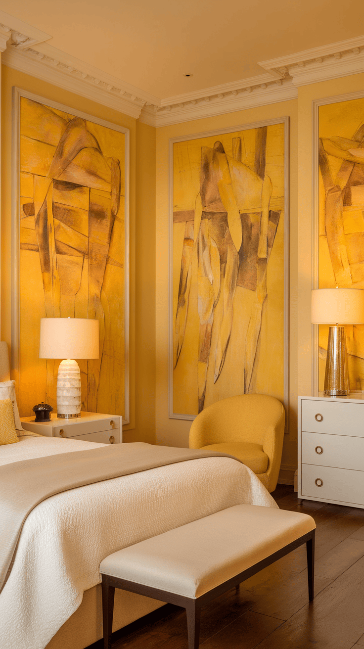 A bright and stylish bedroom with yellow works of art on the walls that shows a cozy atmosphere with modern furniture.