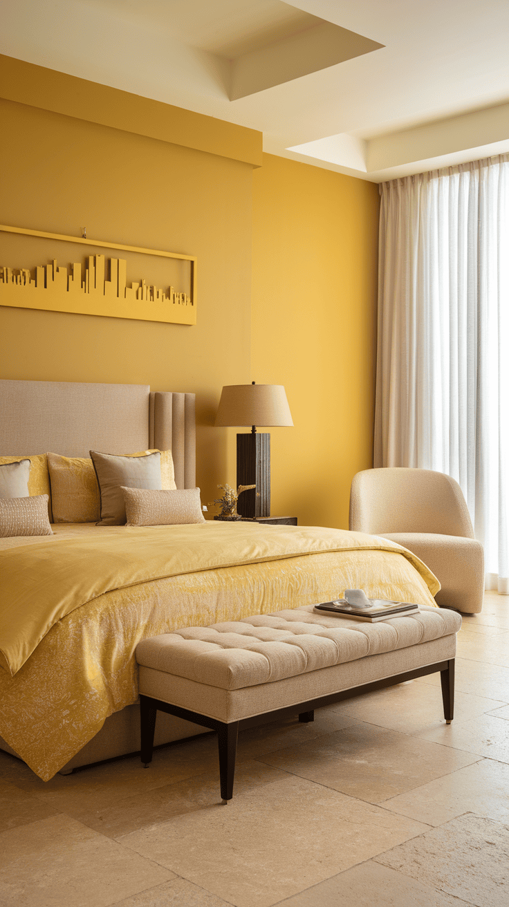 A cozy bedroom with yellow and neutral tones in bed linen and decor.