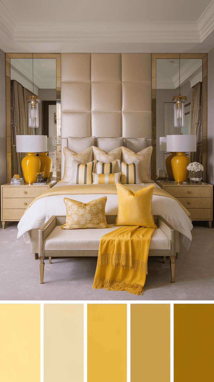 A stylish bedroom with various yellow accessories such as pillows, throwing ceiling and decorative vases.