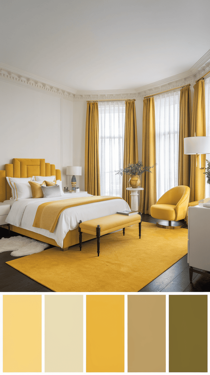 A luxurious bedroom with different shadows of the yellow decor, including curtains, bed linen and furniture.