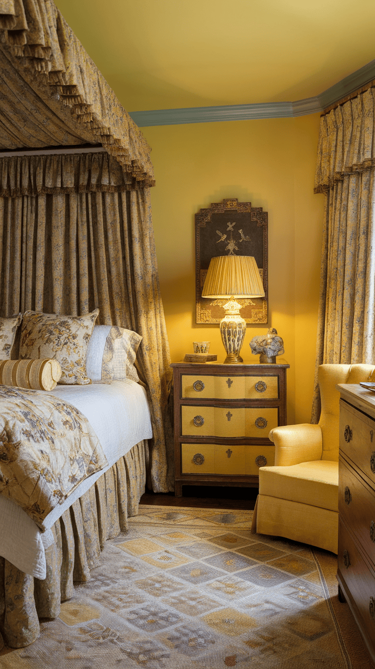 A bedroom inspired with vintage with yellow accents with a bed with floral patterns, yellow walls and a cozy chair.