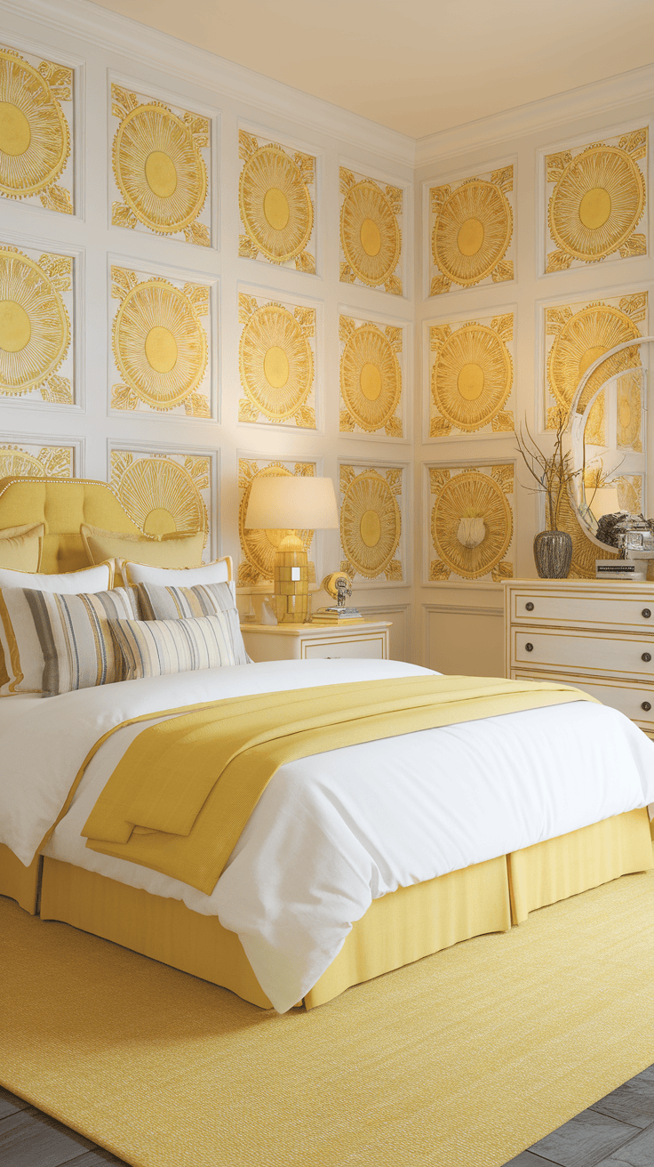 Light yellow, with sunshine inspired wall art in a bedroom end