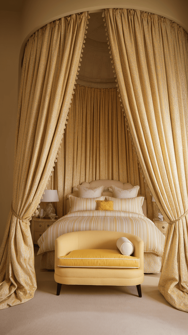 A cozy bedroom with luxurious yellow curtains, the bed with striped bed linen and a yellow accent chair frame.