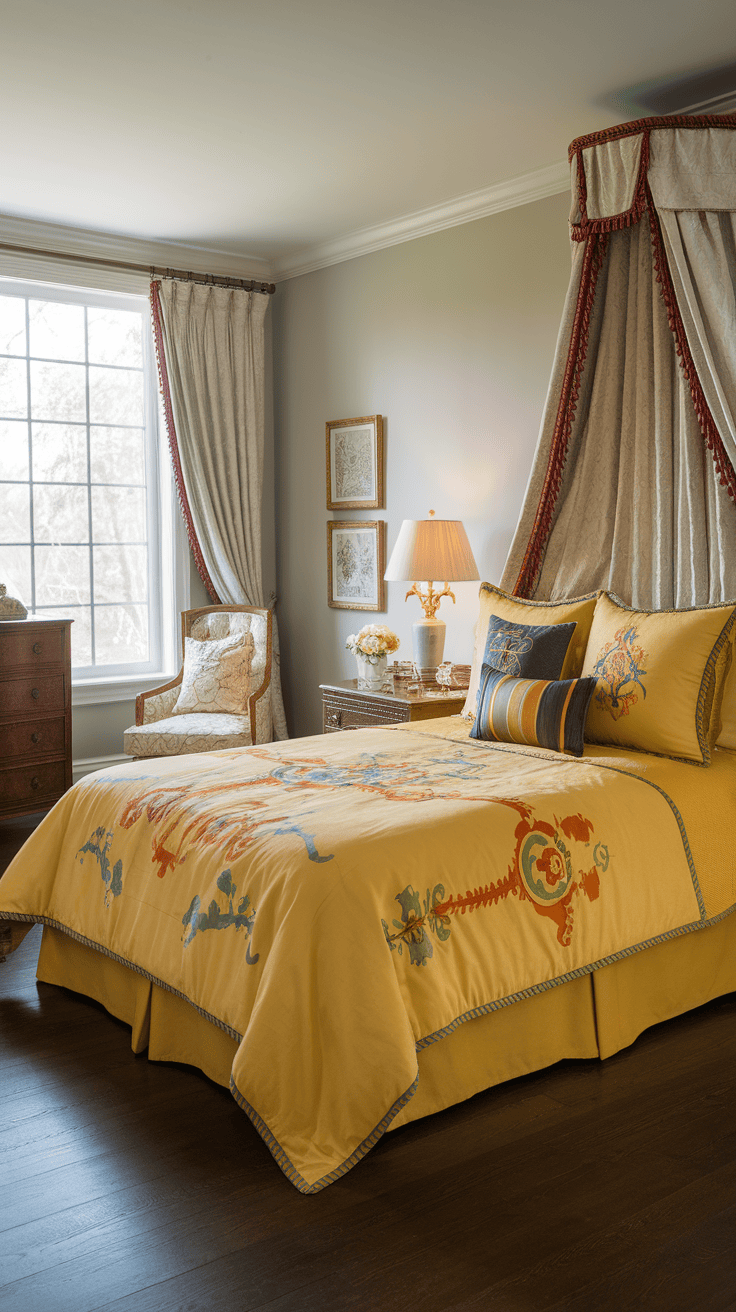 A beautifully designed yellow duvet with colorful patterns on a neatly produced bed in a cozy bedroom.